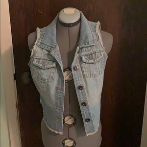 High low cut distressed jean vest